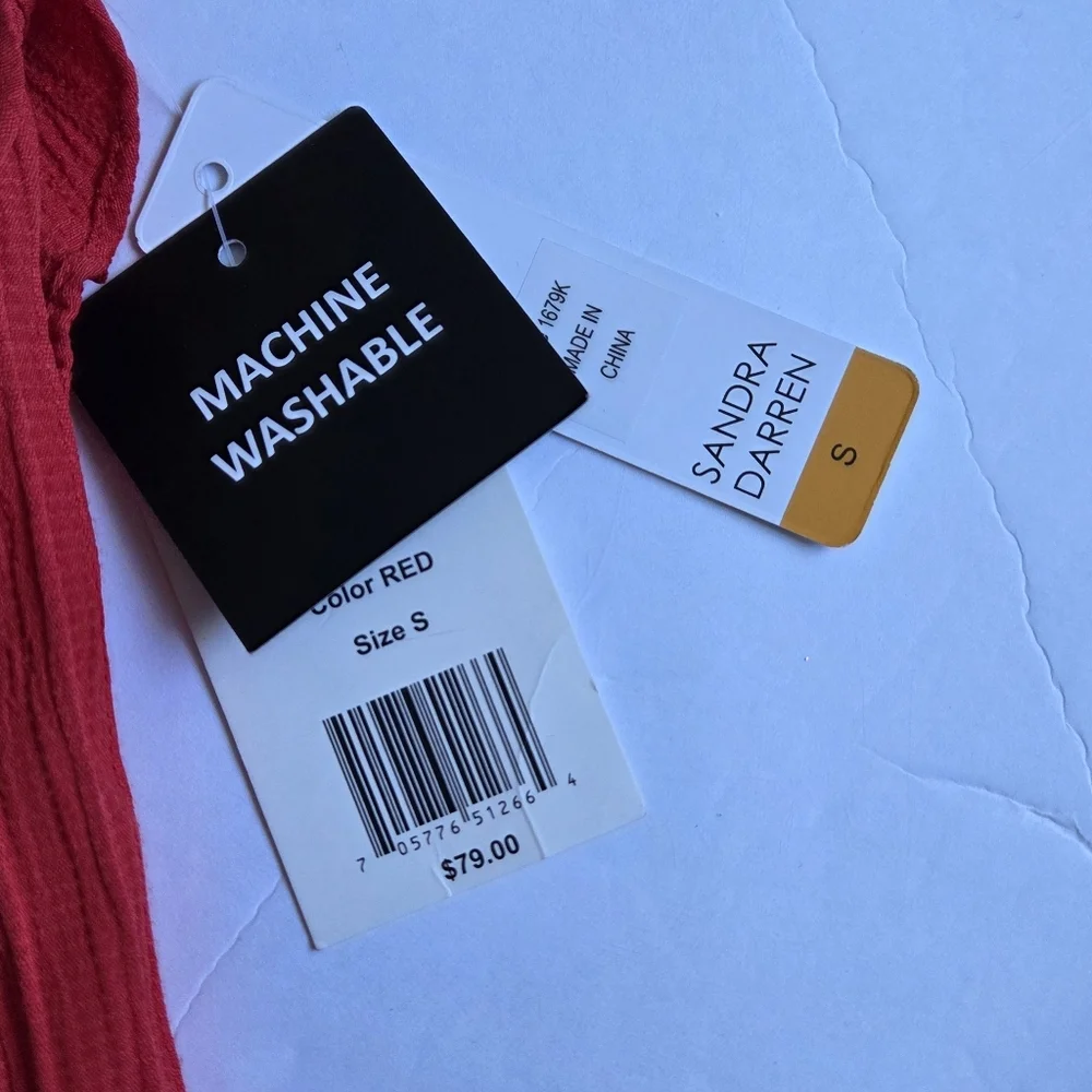 Sandra Darren Red V-Neck Ruffle Sleeve Midi Dress